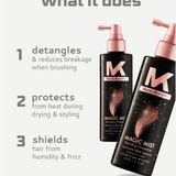 Two bottles of Magic Mist hair product with features listed on a light gray background.