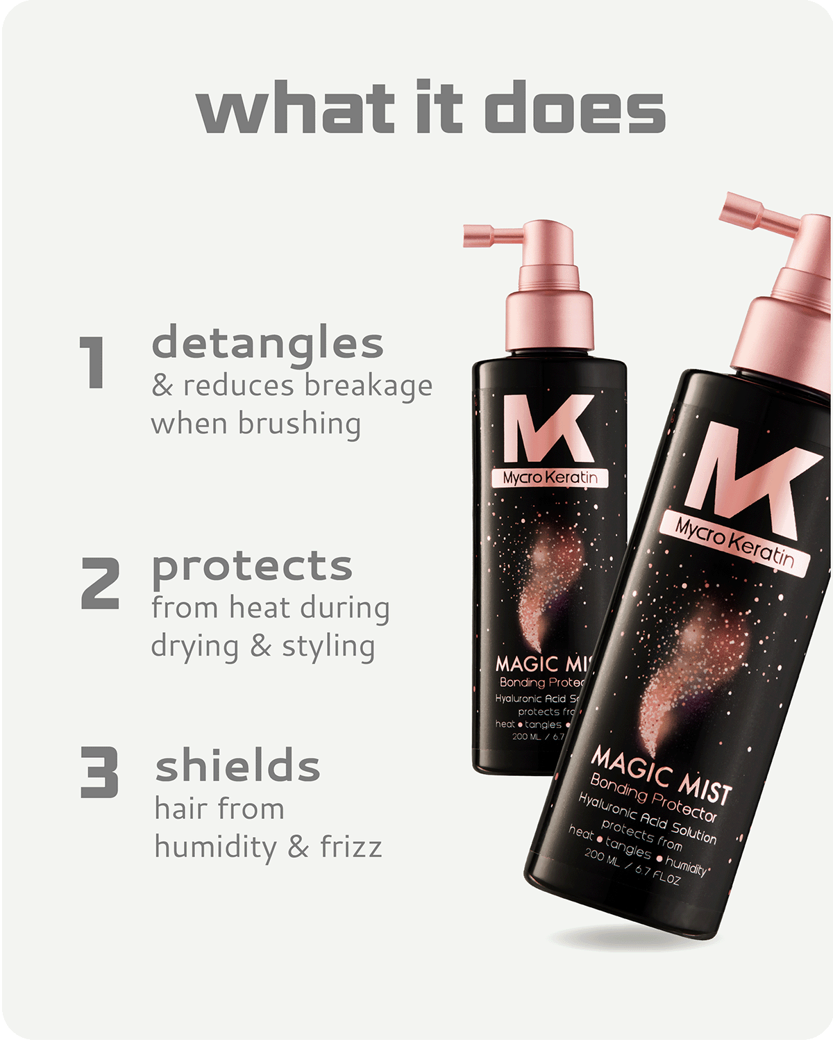 Two bottles of Magic Mist hair product with features listed on a light gray background.