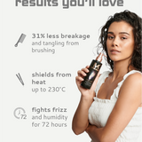 Woman holding a hair product called magic mist with text about its benefits on a white background