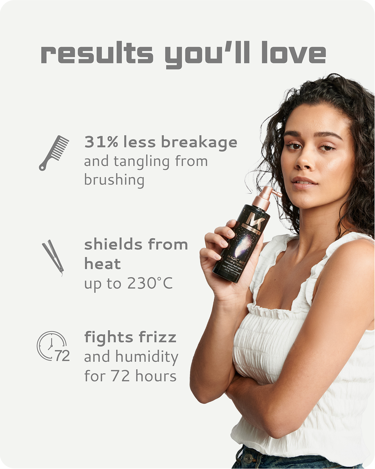 Woman holding a hair product called magic mist with text about its benefits on a white background