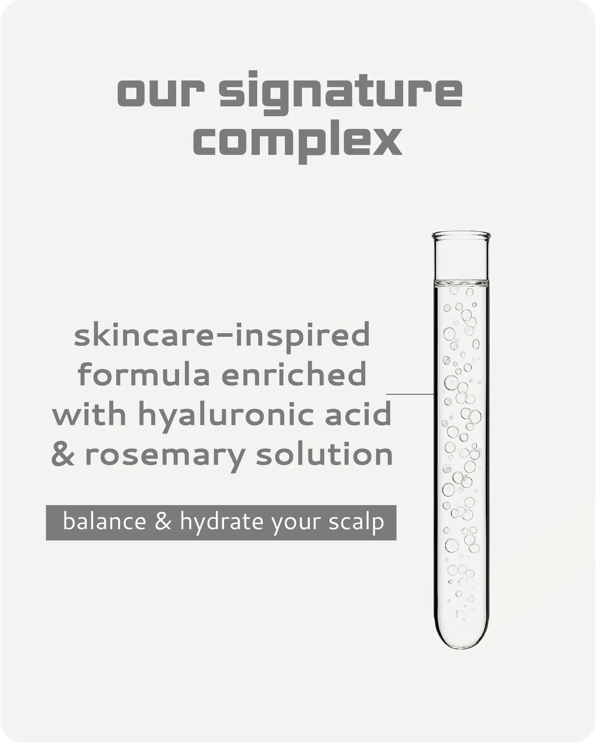Skincare-inspired formula with hyaluronic acid and rosemary solution in a test tube on a light gray background.