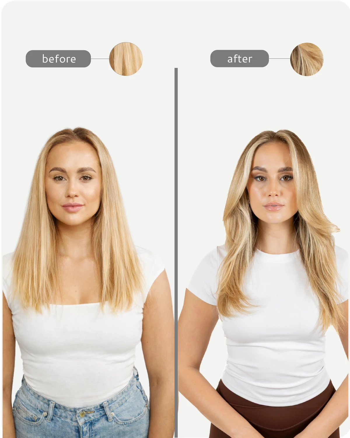 Before and after comparison of a woman with blonde hair, wearing a white top and jeans.