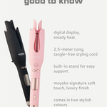 Moyoko Auto Curl Master with pink and black variants, on a white background with text detailing features.