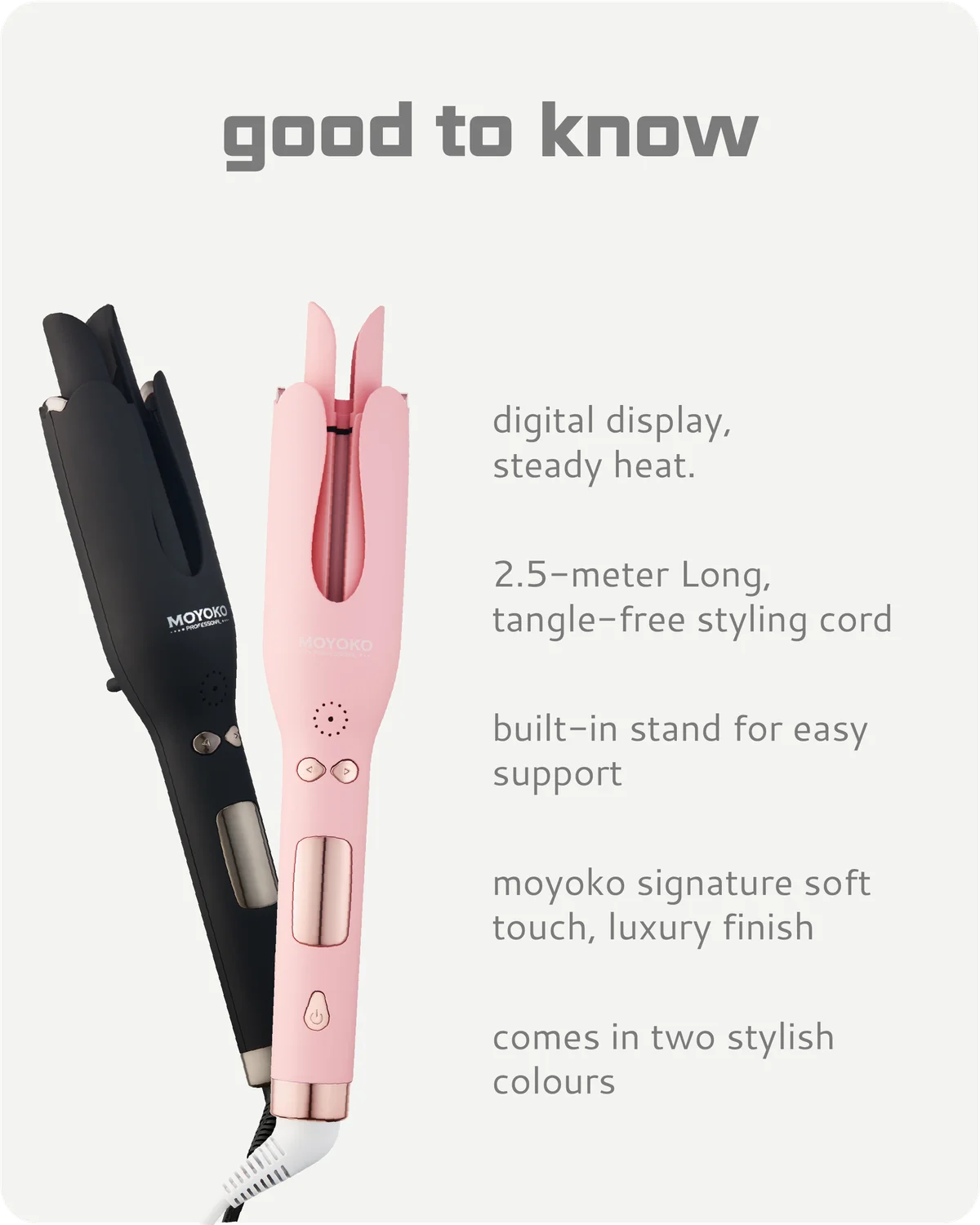 Moyoko Auto Curl Master with pink and black variants, on a white background with text detailing features.