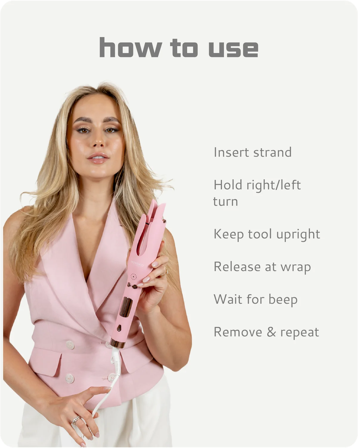 Woman holding a pink  Moyoko Auto Curl Master with usage instructions on a white background