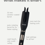  Moyoko Auto Curl Master has 32mm ceramic coated barrel, ionic tech for lasting curls, auto-rotating barrel, heat settings and cool touch, anti-scald safety. 