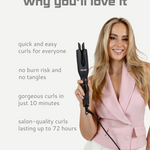  Moyoko Auto Curl Master benefits listed on a white background with a gorgeous blonde lady holding the tool. 
