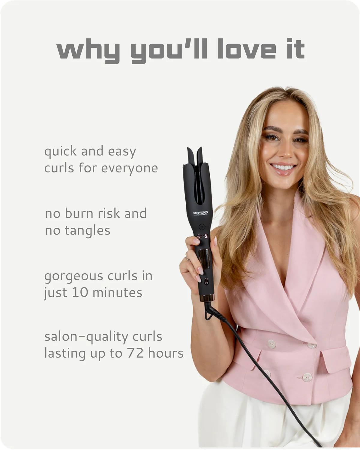  Moyoko Auto Curl Master benefits listed on a white background with a gorgeous blonde lady holding the tool. 
