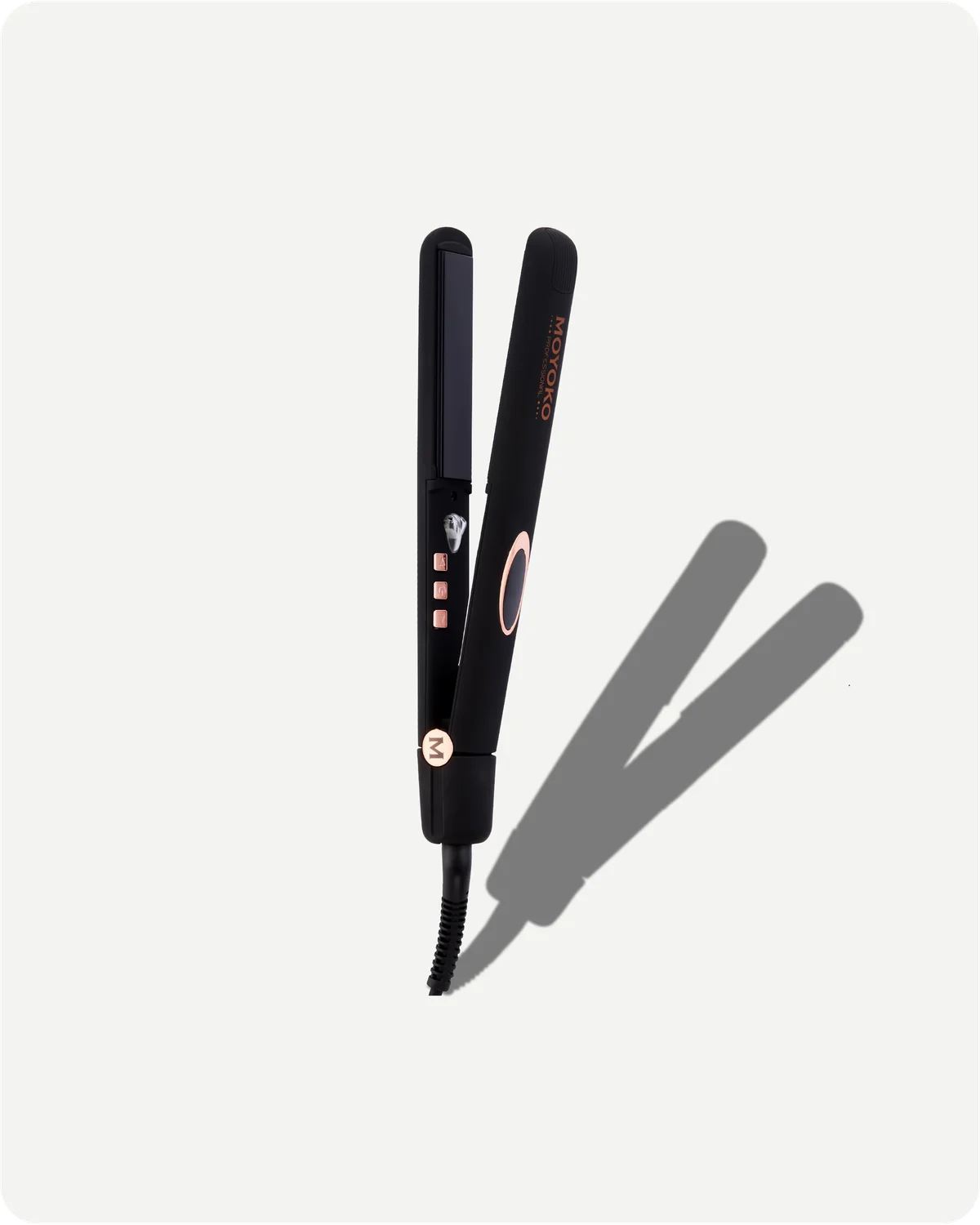 Black hair straightener with rose gold accents on a white background