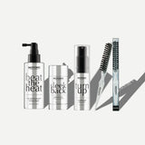 Set of Moyoko hair care products including beat the heat, sleek back, turn up and sleek brush, on a white background