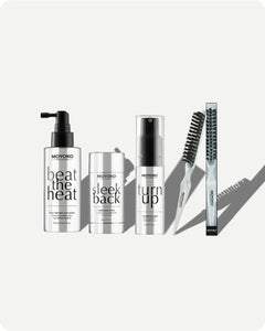 Set of Moyoko hair care products including beat the heat, sleek back, turn up and sleek brush, on a white background