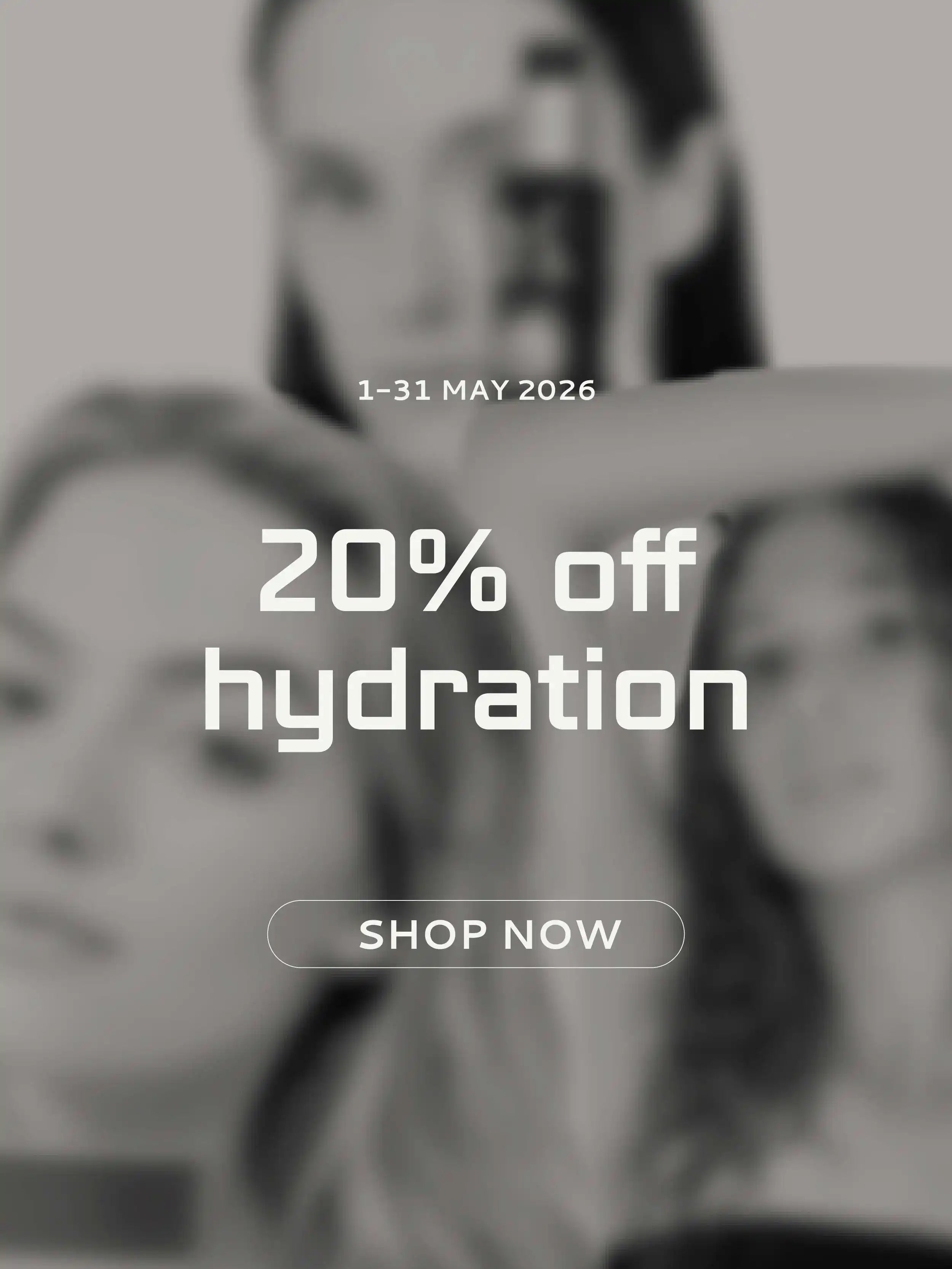 Promotional text overlay for hydration discount with blurred faces in the background
