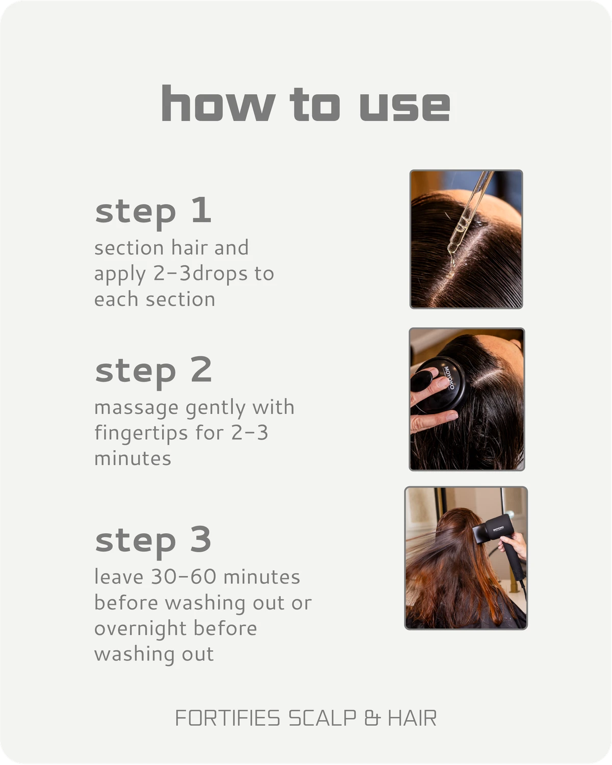 Instructions on how to use a Mycro Keratin Magic Oil with step-by-step guide and images.