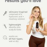 Woman holding a bottle of Mycro Keratin Magic Oil with text about skincare-inspired hair product on a white background