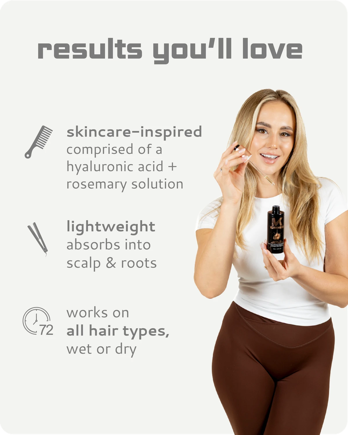 Woman holding a bottle of Mycro Keratin Magic Oil with text about skincare-inspired hair product on a white background