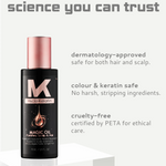 Myco Keratin Magic Oil bottle with product features on a light gray background