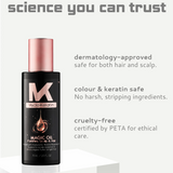 Myco Keratin Magic Oil bottle with product features on a light gray background