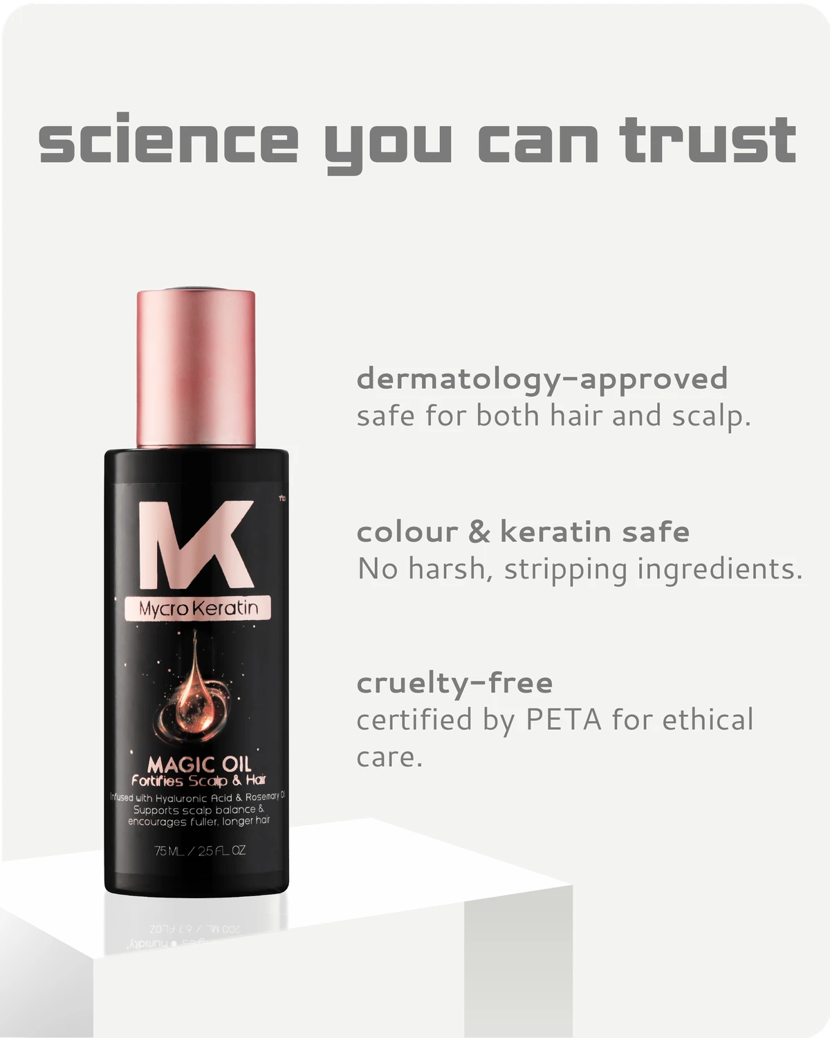 Myco Keratin Magic Oil bottle with product features on a light gray background