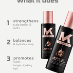 Mycro Keratin Magic Oil bottles with benefits listed on a white background