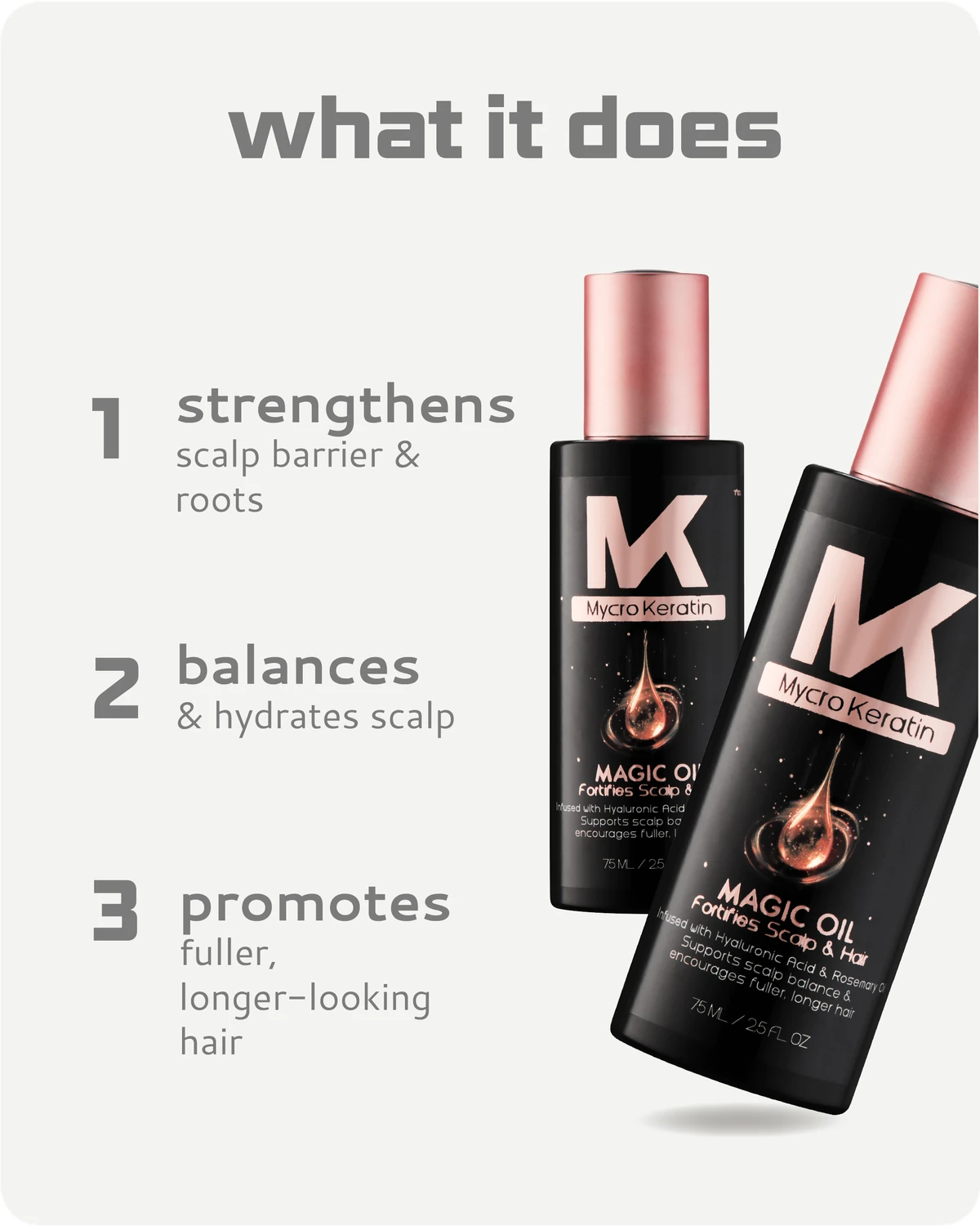 Mycro Keratin Magic Oil bottles with benefits listed on a white background