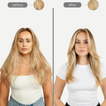 Before and after comparison of a woman with blonde hair, wearing a white top and jeans.