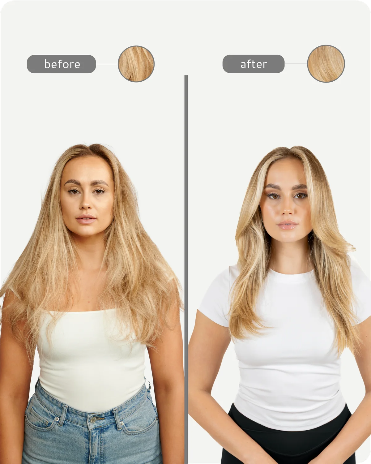 Before and after comparison of a woman with blonde hair, wearing a white top and jeans.