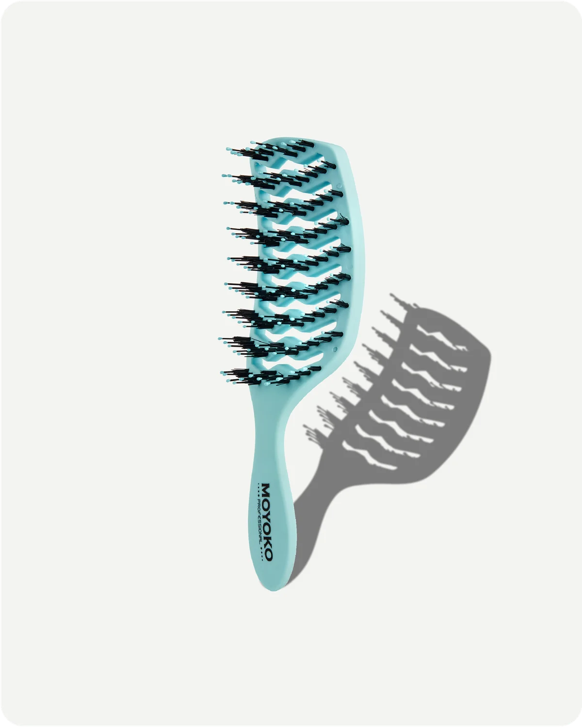 Blue hairbrush with black bristles on a white background