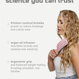 Woman brushing her hair with a pink brush, featuring text about product features on a white background.