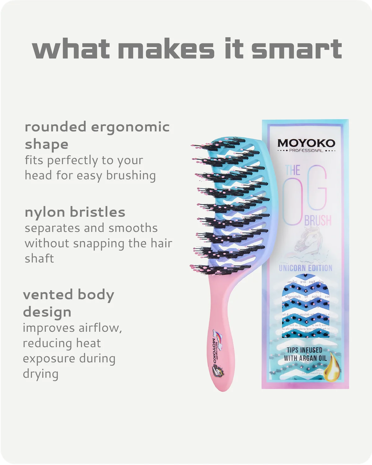 Moyoko hairbrush with features listed on a white background