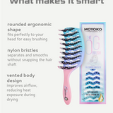 Moyoko hairbrush with features listed on a white background