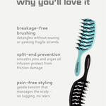Hairbrushes with text describing their features on a light gray background