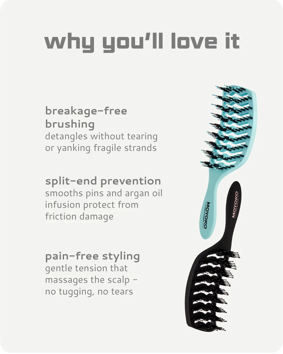 Hairbrushes with text describing their features on a light gray background