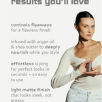 Woman using a hair product with text describing its benefits on a light gray background