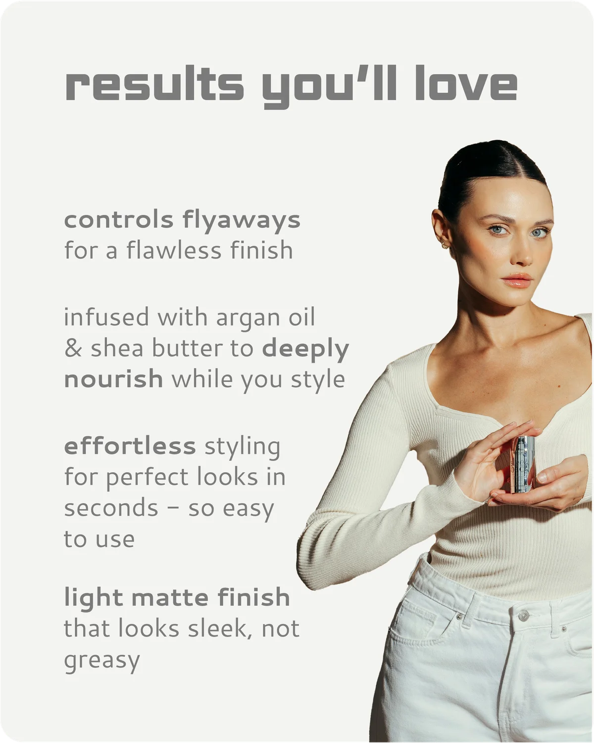 Woman using a hair product with text describing its benefits on a light gray background