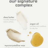 Illustration of shea butter, argan oil, and mycrocrystalline wax with text on a white background