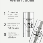 Moyoko sleek back hair wax stick packaging with features listed on a white background