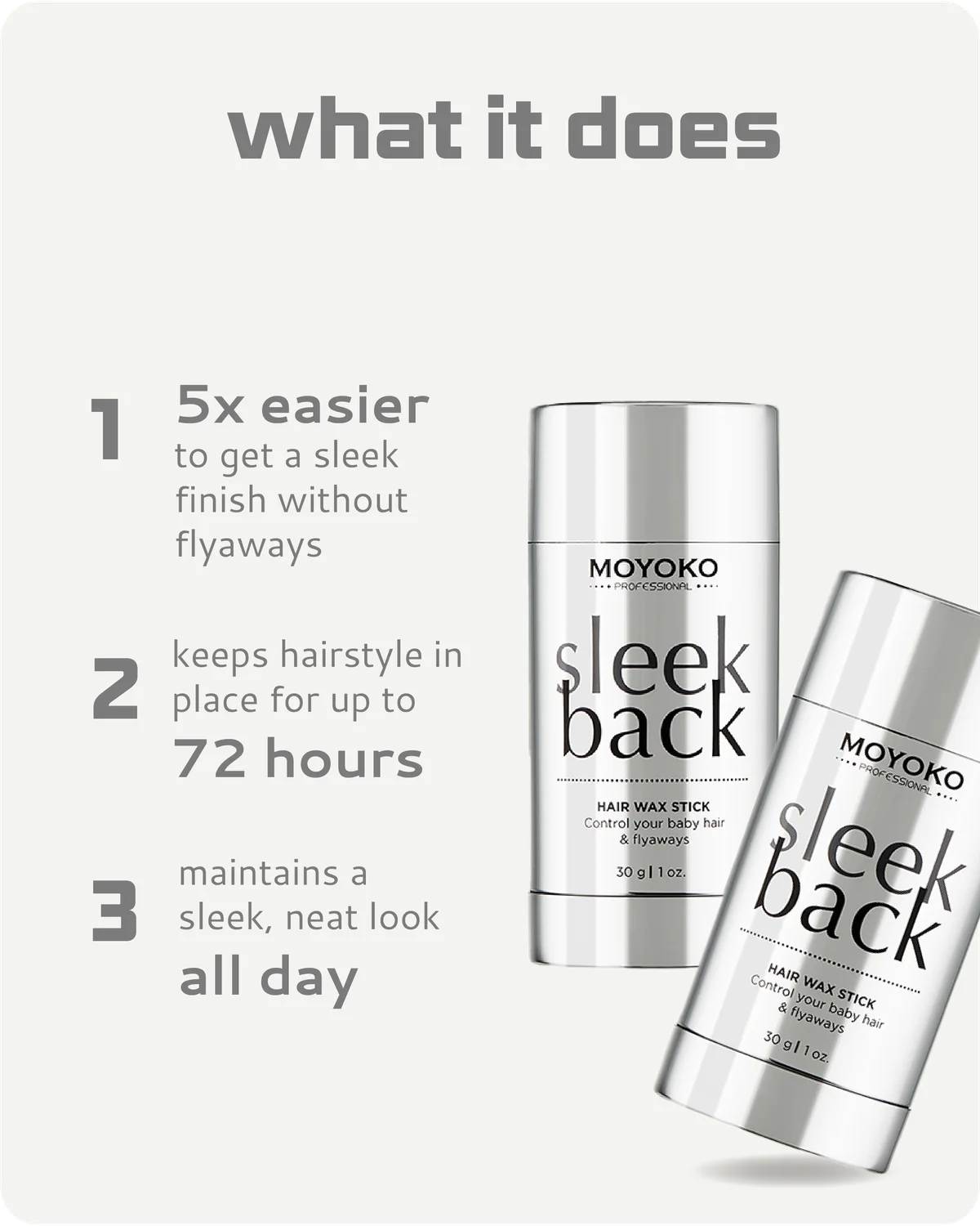 Moyoko sleek back hair wax stick packaging with features listed on a white background