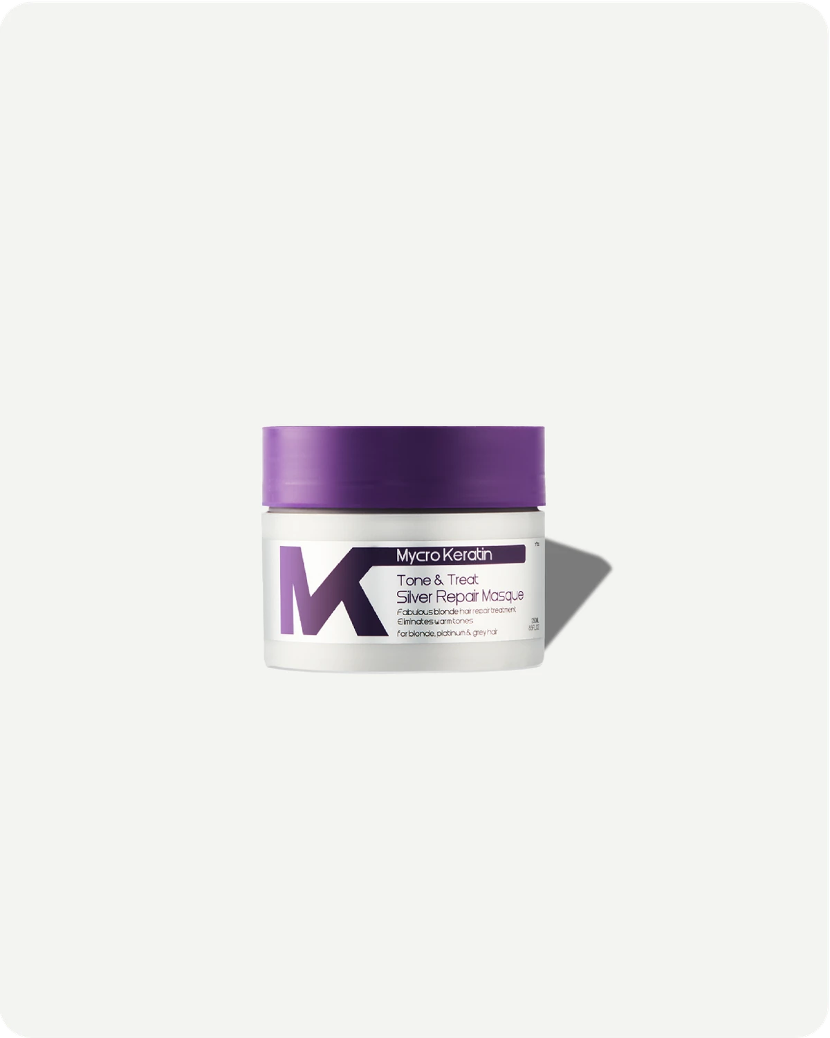 Mycro Keratin Tone and Treat Masque jar with purple lid on a white background