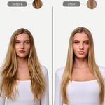 Before and after comparison of a woman with long blonde hair on a white background