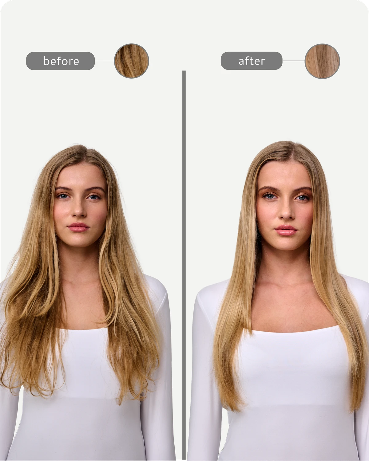 Before and after comparison of a woman with long blonde hair on a white background