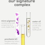Three test tubes with liquid and text describing  Tone and Treat Masque signature complex on a white background.