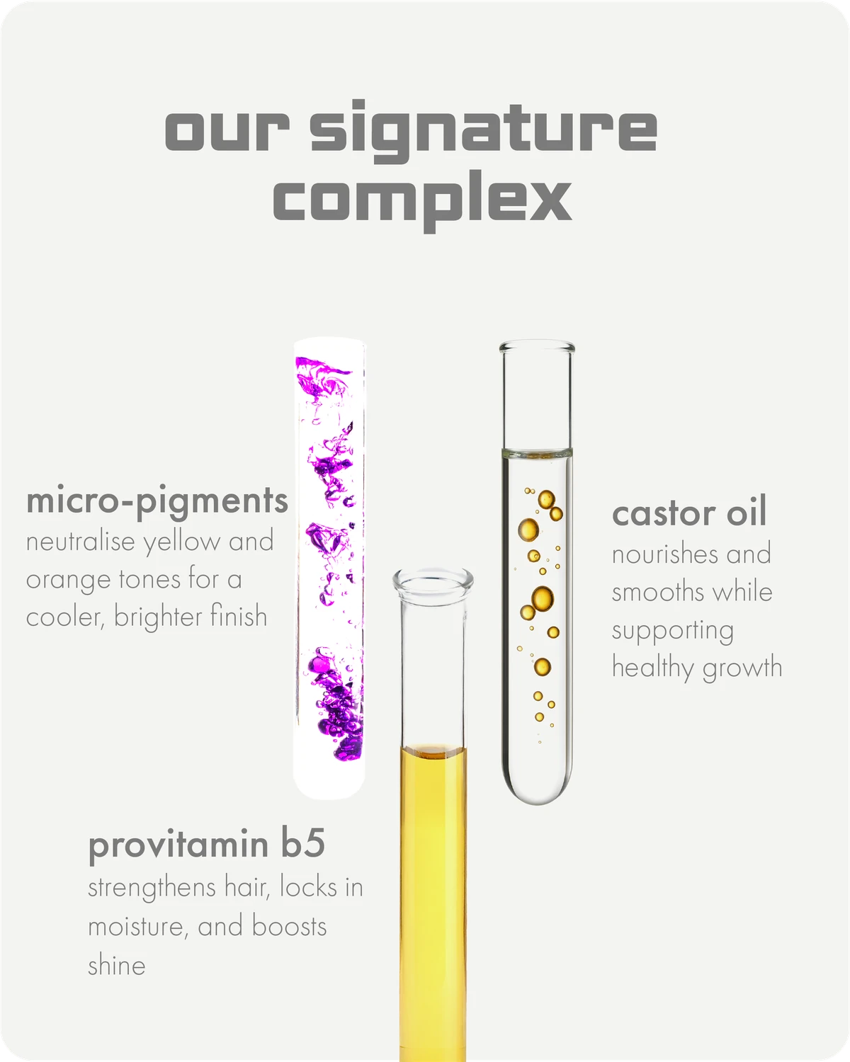 Three test tubes with liquid and text describing  Tone and Treat Masque signature complex on a white background.