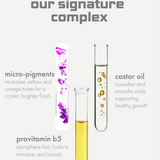 Three test tubes with liquid and text describing  Tone and Treat Masque signature complex on a white background.
