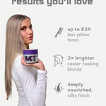 Woman holding a Tone and Treat Masque jar with text about hair color and texture improvements.