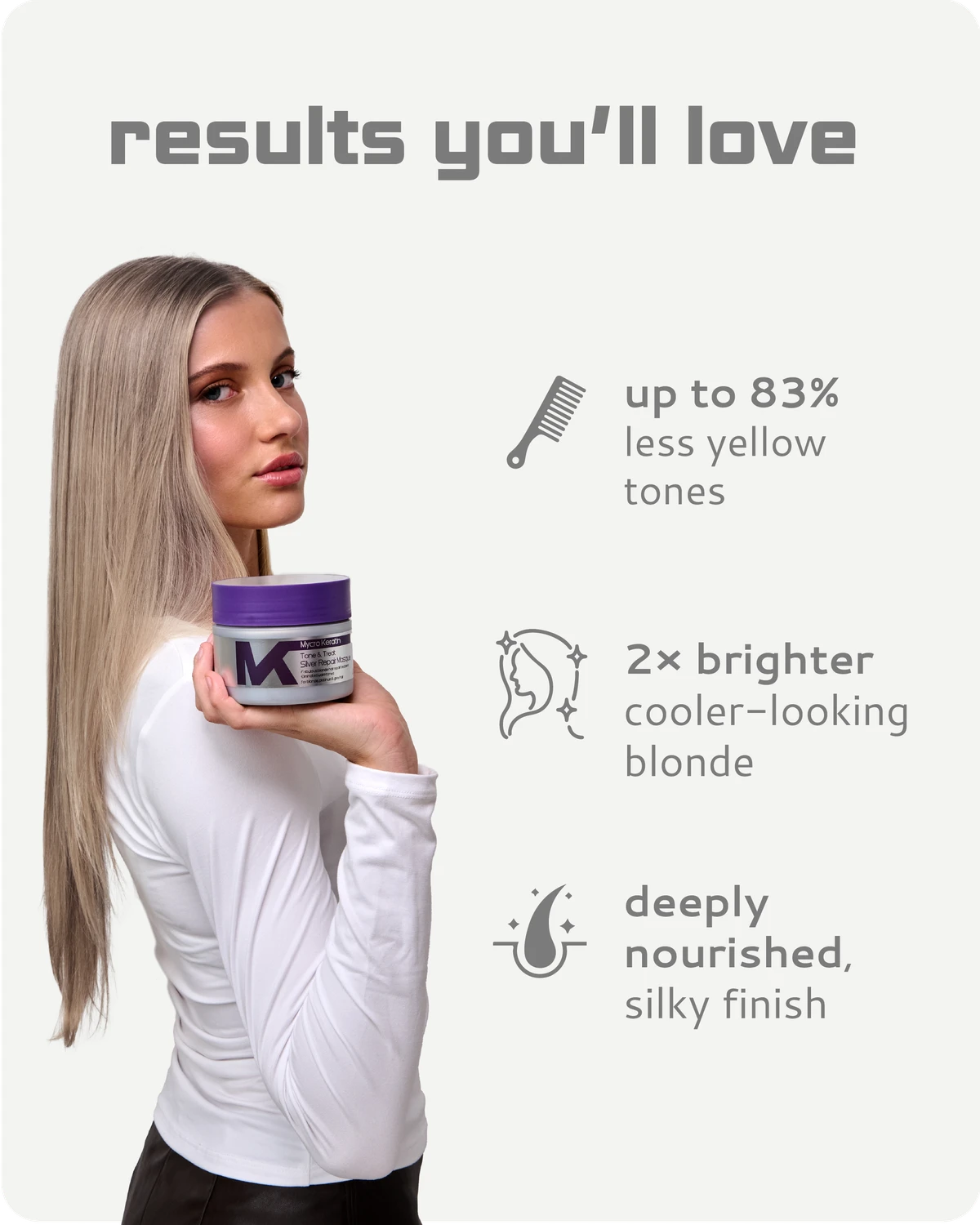 Woman holding a Tone and Treat Masque jar with text about hair color and texture improvements.