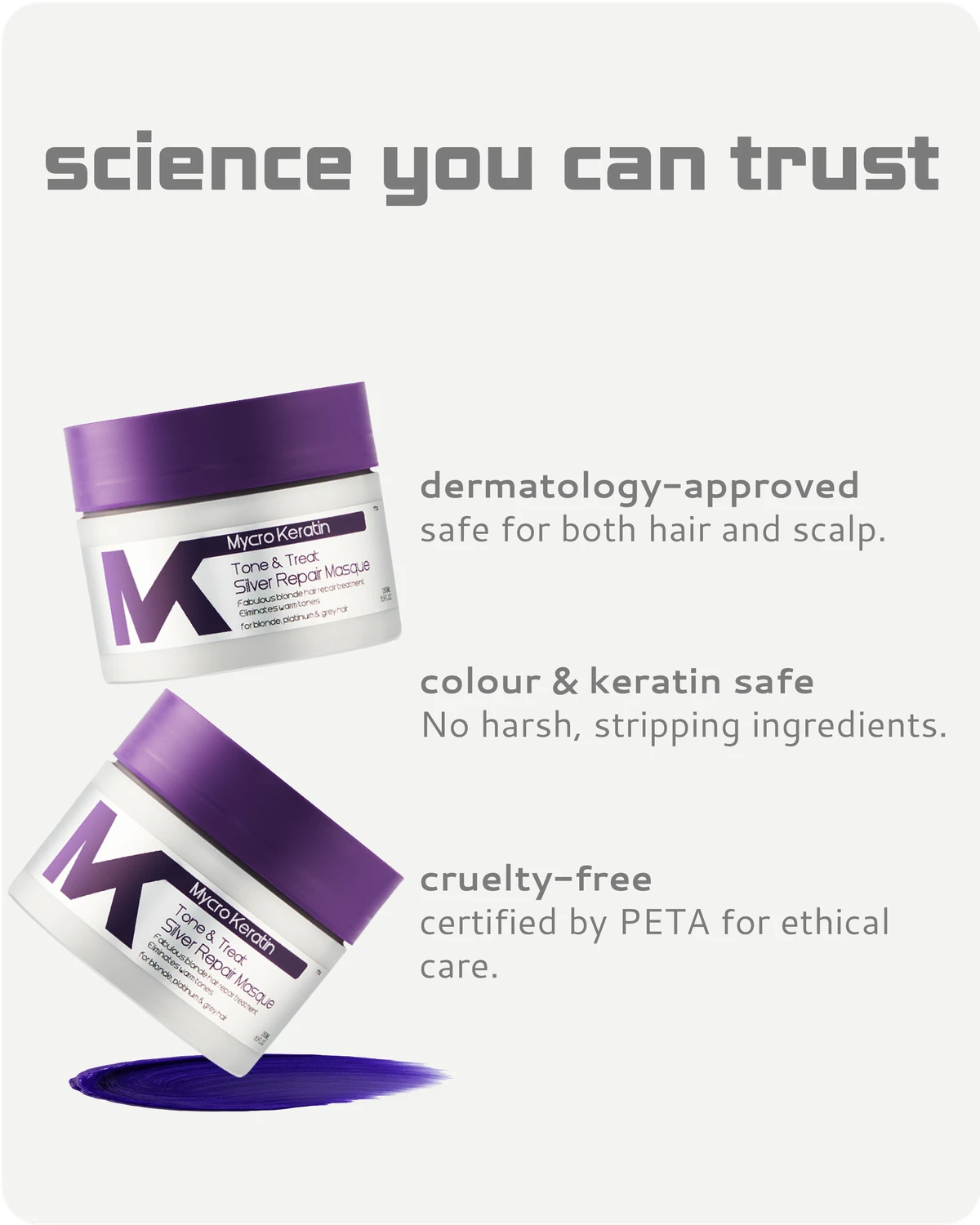 Two purple and white  Tone and Treat Masque with text highlighting their features on a light gray background.
