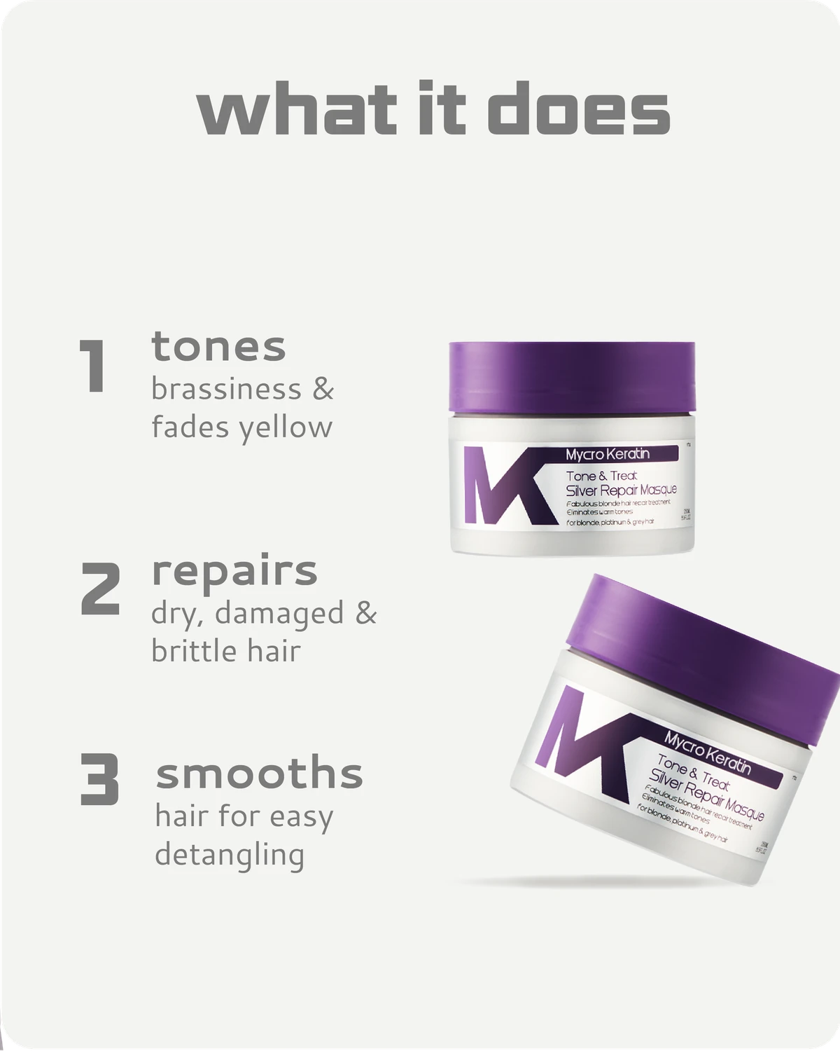 Two jars of  Tone and Treat Masque with text describing their benefits on a white background