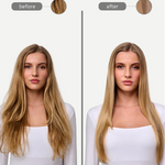 Before and after comparison of a woman with long blonde hair on a white background