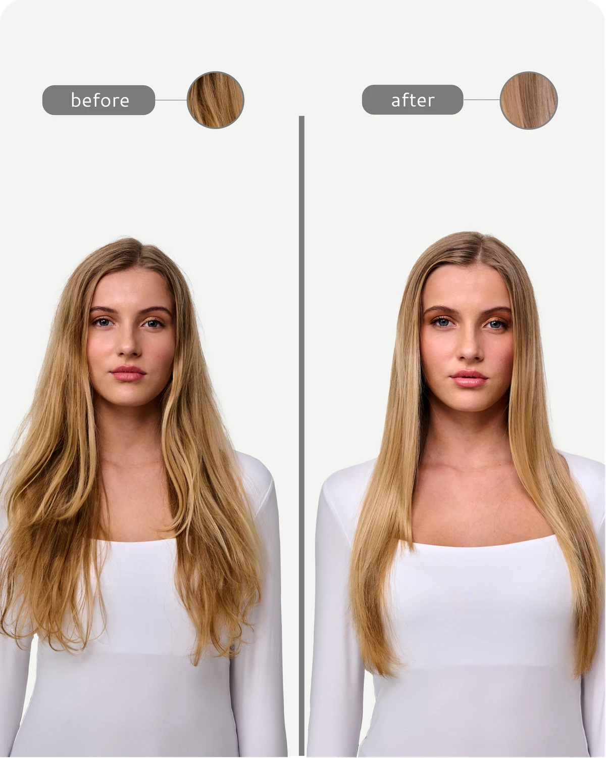 Before and after comparison of a woman with long blonde hair on a white background