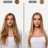 Before and after comparison of a woman with long blonde hair on a white background